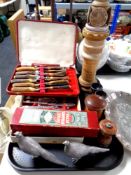 A tray containing cased plated and stainless steel cutlery, anniversary tray,