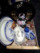 A box containing assorted ceramics to include antique meat plates and soup tureen with ladle,