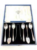 A set of six cased silver teaspoons and tongs, Sheffield marks CONDITION REPORT: 88.