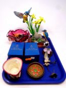 A tray containing Bohemian glass bowl, a Border Fine Arts figure of kingfishers,