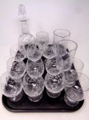 A tray containing assorted glassware to include two cut glass jugs, liqueur decanter with stopper,