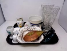 A tray of cut glass vases, copper and brass flask, Poole dolphin figure,