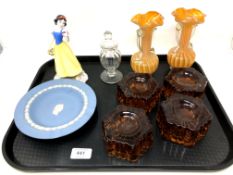 A tray containing set of four amber glass ashtrays, pair of glass vases,