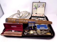 A tray of silver plated breakfast dish, wooden carving, chaffer pen,