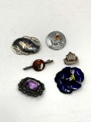 Six various mostly silver brooches including niello, enamel, marcasite etc.
