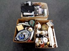 Three boxes of ceramics, china ornaments, miniature ironing board,