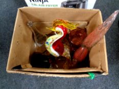 Three boxes containing 20th century glass light shades, Murano glass birds,