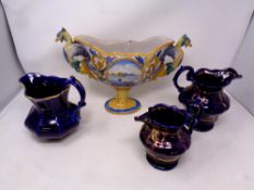 An Italian style twin handled comport together with three blue and gilt china mugs