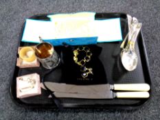 A quantity of silver plated spoons, Monet costume bracelet with matching earrings,