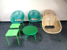 Two Ikea stools together with four 20th century wire chairs and an occasional table