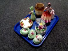 A tray containing china figure, Royal Doulton figure, Buttercup,