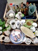 Two crates containing ceramics to include commemorative china, clown figures,