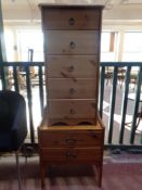 A narrow pine five drawer chest together with a pine two drawer bedside chest