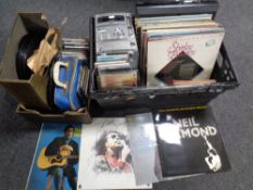 A box and a crate containing Sony turntable, Sony micro hifi system, 78s, vinyl LPs,