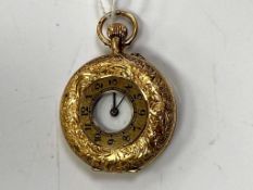 An 18ct yellow gold half hunter fob watch, dial width 25.3 mm, gross weight 26.2g.