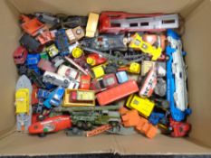 A box containing a quantity of mid 20th century die cast and tin plate vehicles to include Meccano