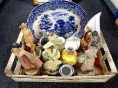 A crate containing blue and white ashettes, contemporary figurines, china vases,