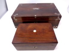 A 19th century rosewood mother of pearl inlaid writing box together with a further 19th century