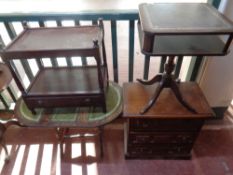 A beech three drawer chest together with a mahogany pedestal leather topped occasional table,