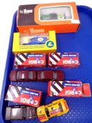 A box containing Corgi die cast cars, boxed, a Emulsiderm delivery van,