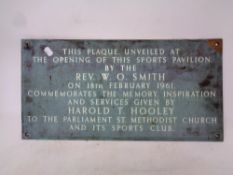 A mid 20th century copper wall plaque to commemorate The Opening of the Sports Pavilion by The