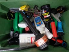 A box containing hard hat, jerry can,