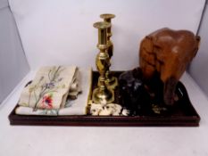 A carved hardwood twin handled serving tray together with assorted hardwood and resin animal