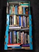 Three boxes containing hardback and softback books to include Warfare, History,