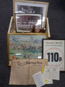 A box containing Bells whisky decanters, a 1929 edition of the Sporting Pink, mid 20th century,