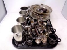A tray containing antique and later plated wares to include tankards, basket, serving dishes,
