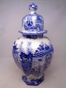 A Masons willow pattern octagonal lidded vase,
