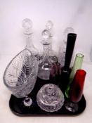 A tray containing early 20th century and later glassware to include liqueur and whisky decanters,