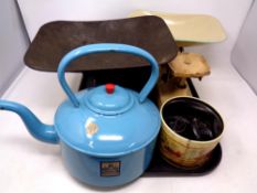 A tray containing two sets of vintage kitchen scales with weights together with a Monarch enamelled