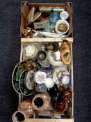 Two boxes containing ceramics to include twin handled plate, Japanese teaware,