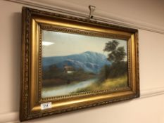 19th century school : Building with mountains beyond, oil on board,