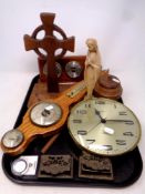 A tray containing a Bermuda silver proof commemorative dollar, barometer, treen lidded pot,