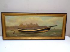 A J Scott relief oil on board, boat exiting mouth of a river with monument and ruins beyond,