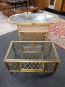 A bamboo and wicker oval table together with a further bamboo and wicker rectangular glass topped