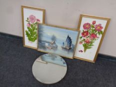 A circular frameless bevel edged mirror together with two framed oils on boards, flowers by Ella,