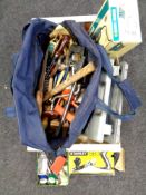 A crate containing holdall containing assorted hand tools, Stanley SB3 plane,