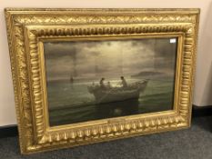 Carlo Grazzi (Italian, 19th/20th Century) : Figures in a fishing boat, oil on canvas, 79cm by 47cm.