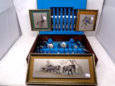 A 20th century canteen of Community stainless steel cutlery together with three framed titanium