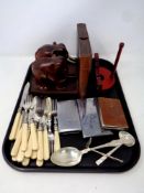 A tray of a pair of carved hardwood elephant bookends, cigarette cases,