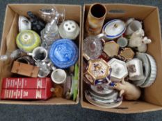 Two boxes of antique and later china, glass ware, two volumes Engineers Yearbook,