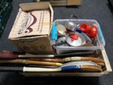 A box of vintage tennis rackets, girls make-up model,