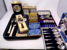 A tray of cased cutlery and servers, pair of boxed Bohemian crystal dishes,