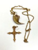 A continental yellow gold cross pendant, 4.3g, together with a claw pendant suspended on a chain.