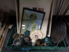 A box of cast iron pan stand, plated ware, pewter tankards,