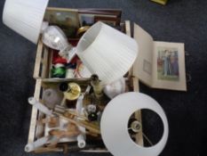 Two crates of table lamps and shades, painted stool, oriental style parasol,