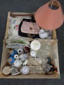 Two boxes of assorted glass ware, table linen, Dune of London leather clutch bag & dust cover,